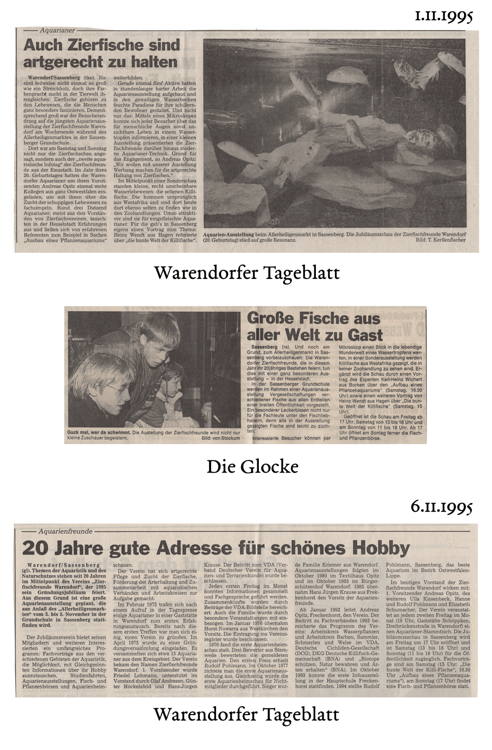 Zeitungsartikel vom 1. November 1995 aus dem Warendorfer Tageblatt und der Glocke über das 20-jährige Jubiläum